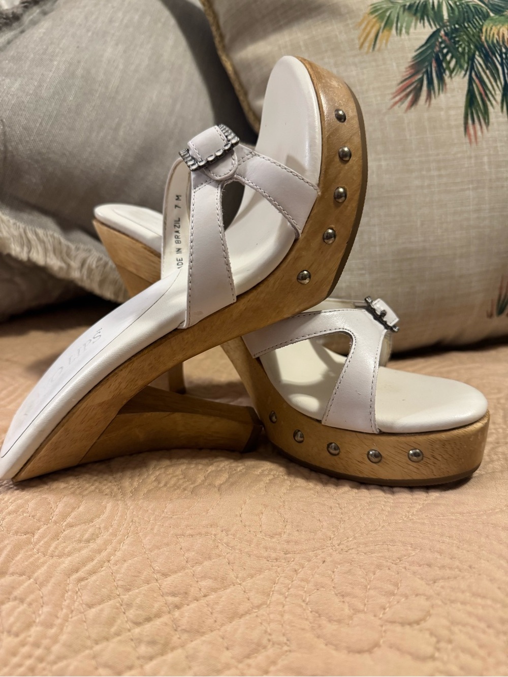Two Lips White Leather Wooden Platform Studded Mules